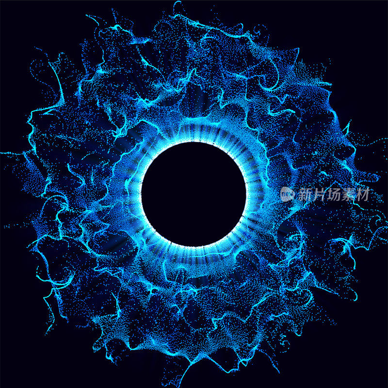 Black holes in the space. Abstract vector background with blue toned swirl and hole in center or collapsar isolated on black. . Astronomical illustration. Vector.